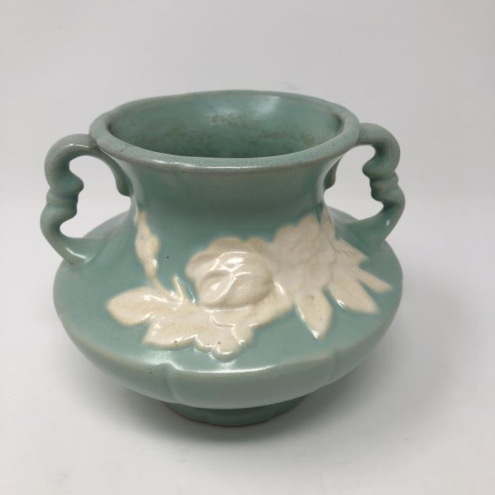 Vintage Weller Art Pottery Vase Tall Pale Blue & White Flowers Handles *****