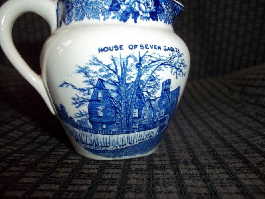 VINTAGE WHITE AND BLUE CERAMIC PITCHER HOUSE OF SEVEN GABLES