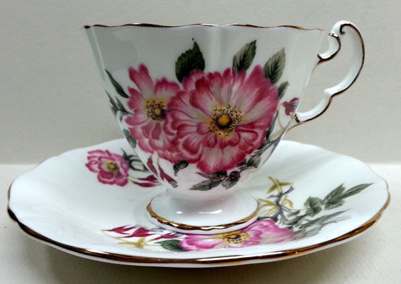 Adderleys Footed Cup & Saucer, Fine Bone China England, Pink Floral H605 Pattern