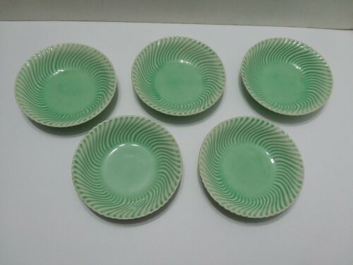 Set of 5 Antique Limoges China Co Green Swirl Berry Bowls USA Sebring Ohio