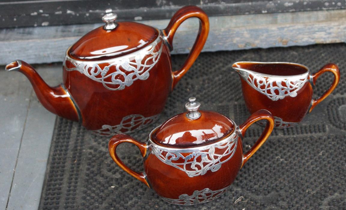 Art Nouveau Silver Overlay Brown Crown Staffordshire Teapot, Creamer & Sugar Set