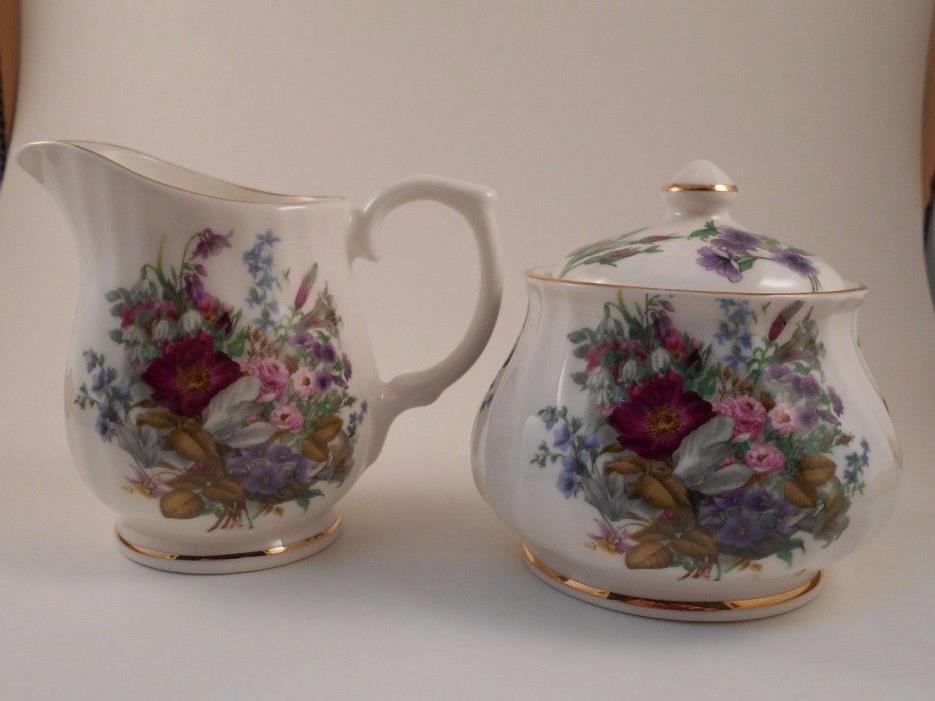Crown Victorian Spring Blossom Creamer & Covered Sugar Bowl Staffordshire