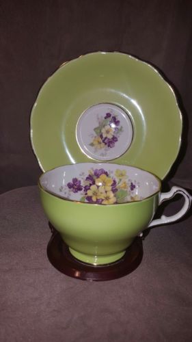 VINTAGE STAFFORDSHIRE GREEN FLORAL TEA CUP WITH SAUCER. ENGLAND