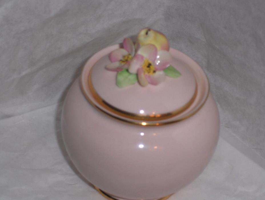 Vintage Staffordshire bone china pink pear  flowers finial sugar bowl  gold edge