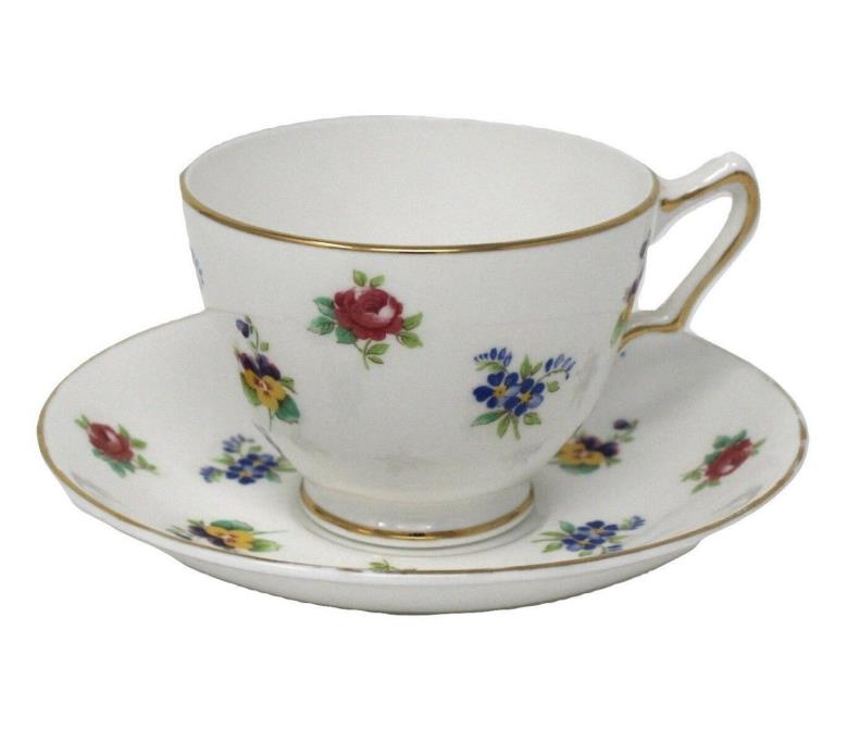 Crown Staffordshire Rose Pansy Footed Bone China Tea Cup and Saucer Gold Trim