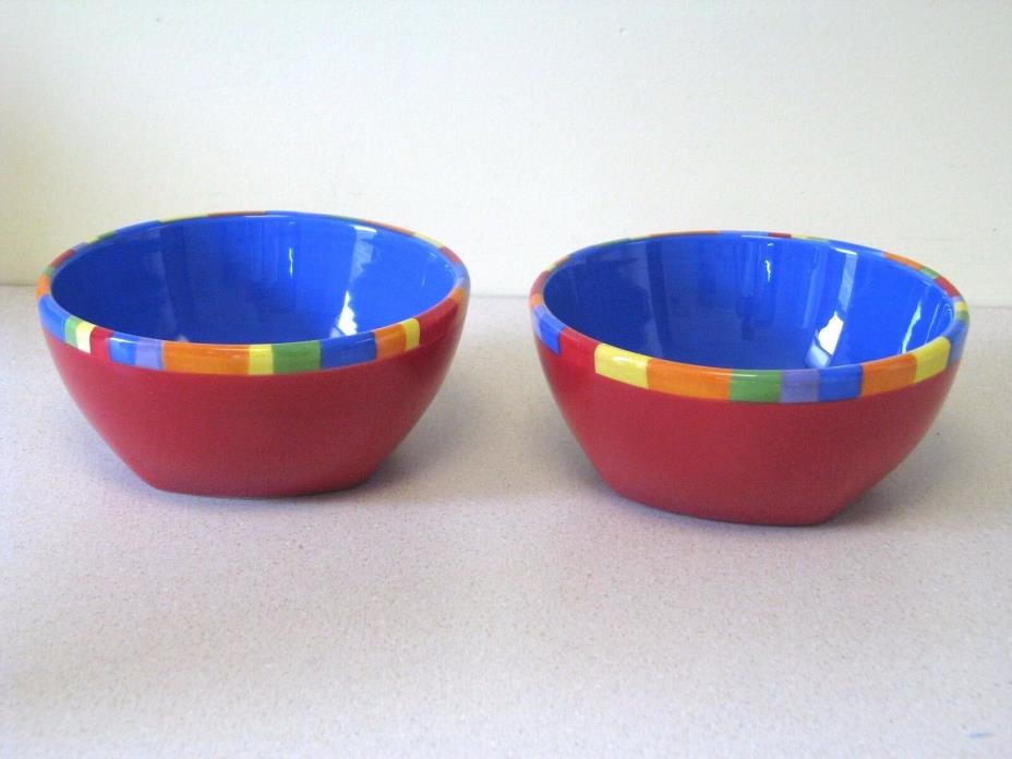Dansk Set of 2 Cereal Bowls CARIBE ANTIGUA STRIPE Square Bottom Red & Blue