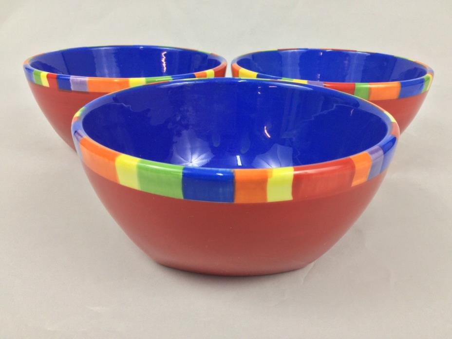 Dansk Caribe Antigua THREE (3)  Soup Cereal Bowls Red Blue Rainbow Stripe