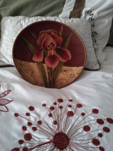 Decorative Plate Orchid w/ Burgundy/Gold/ Black background Asian Art Green leaf