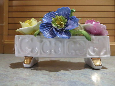 LOVELY JON ANTON FLOWER CONTAINER WITH LARGE APPLIED PORCELAIN FLOWERS