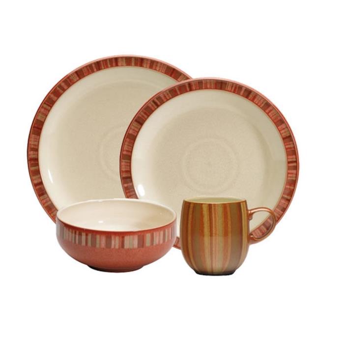 DENBY-LANGLEY FIRE STRIPE 4 PIECE PLACE SETTING ENGLAND STONEWARE ! NEW