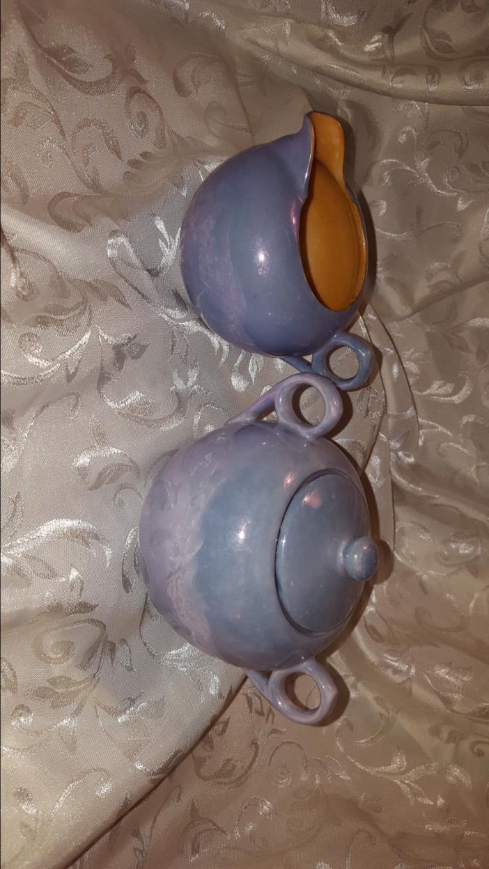 Incandescent Blue and orange creamer and sugar set with lid  # 3059