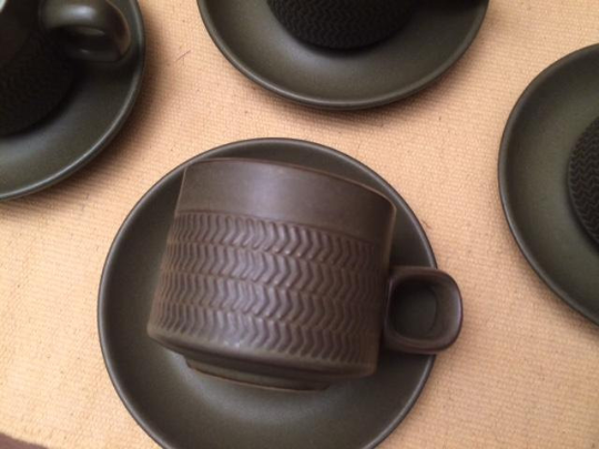 4 DENBY Chevron Cups and Saucers Green Mid-Century Modern Retro Pottery