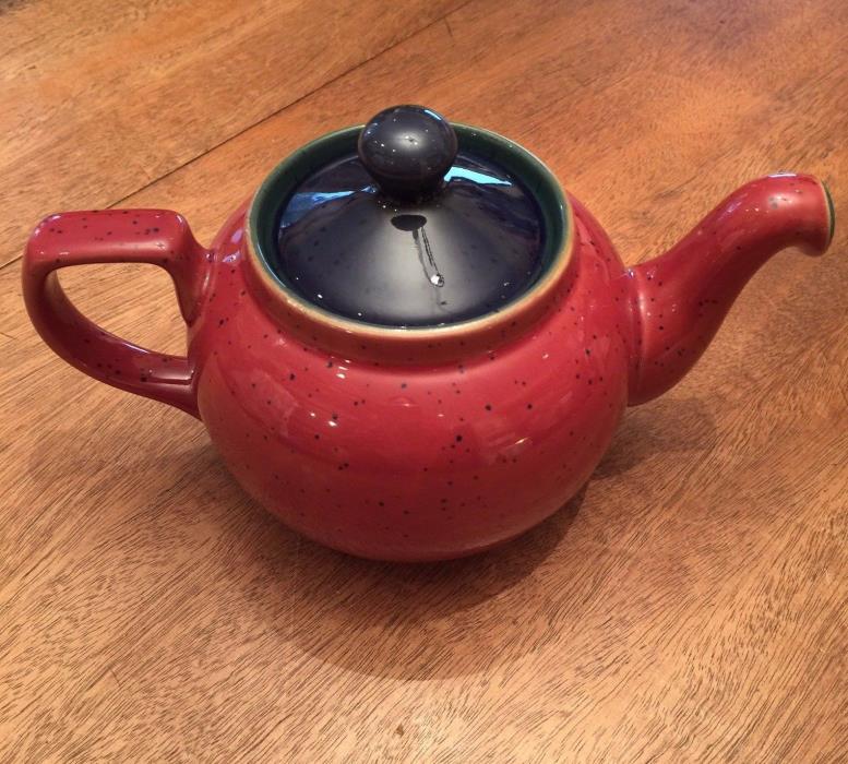 Denby Langley Harlequin England Classic Tea Pot Teapot Red Exterior Green Blue