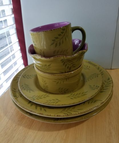 6 pc Set HOME PASTIS GREEN w/ PURPLE  LEAVES 2 DP, 1 SP,  2 Soup Bowls, 1 Mug
