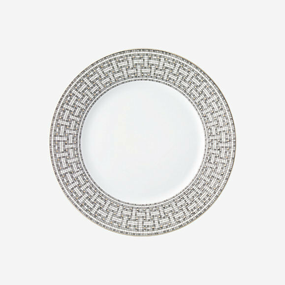 HERMES MOSAIQUE PLATINUM DINNER PLATE PAIR #035001P BRAND NEW IN BOX F/SH