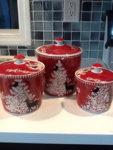 222Fifth Northwood Cottage Christmas  New 6 Pieces 3 Canisters With 3 Lids