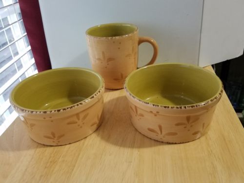 3 pc Set HOME PASTIS Yellow w/green Leaves 1 Mug,  2 Soup Bowls