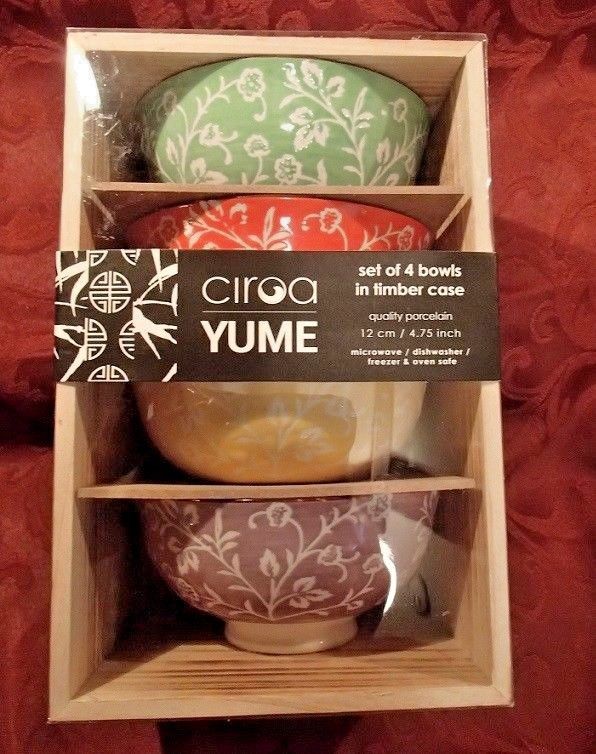 NIB Ciroa Yume Dessert Appetizer Bowls Floral & Leaf Set Of 4 Different Colors