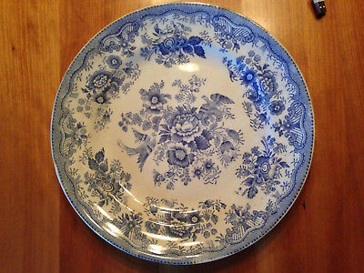 Old English Blue & White Plate with Birds and Floral Pattern-Antique