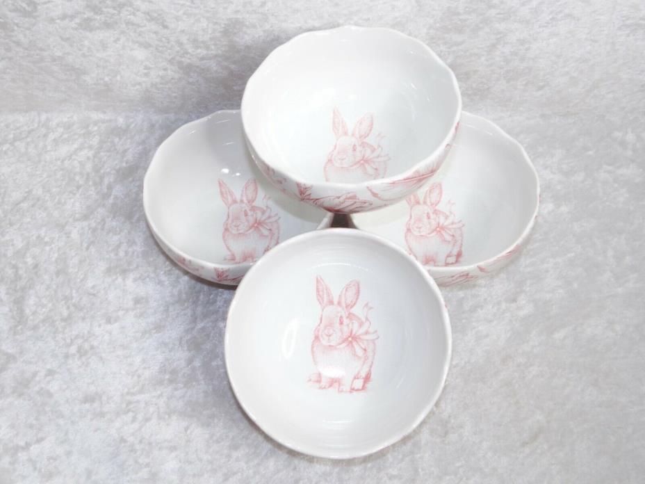 222 Fifth Oakley Fine Porcelain Bowl 4 PC Rabbit & Floral White Pink Easter