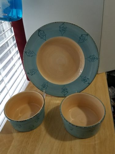 3 pc Set HOME PASTIS Blue w/Ivory Leaves 1 DP,  2 Soup Bowls