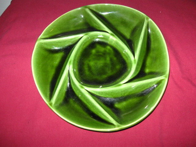 LONGCHAMP POTTERY OF FRANCE,  7-SECTION GREEN OYSTER PLATES  (3)