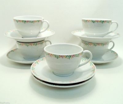 APILCO Porcelain China Dishes 5 Cups 6 Saucers Red Yellow Green Rim Accents