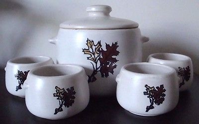 Vtg West Bend 5 pc 2.5 Qt lidded Bean Crock Pot Soup Tureen & 4 Bowls Set Leaves