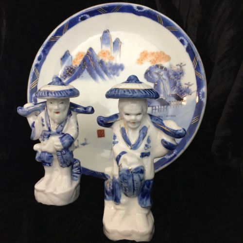 Oriental Arita Blue White Charger Imari Figure Statue Plate Export Gilt Red Chop