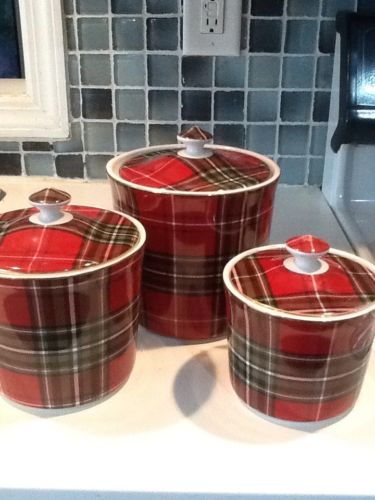 222Fifth Wexford Christmas Plaid New 6 Pieces 3 Canisters With 3 Lids