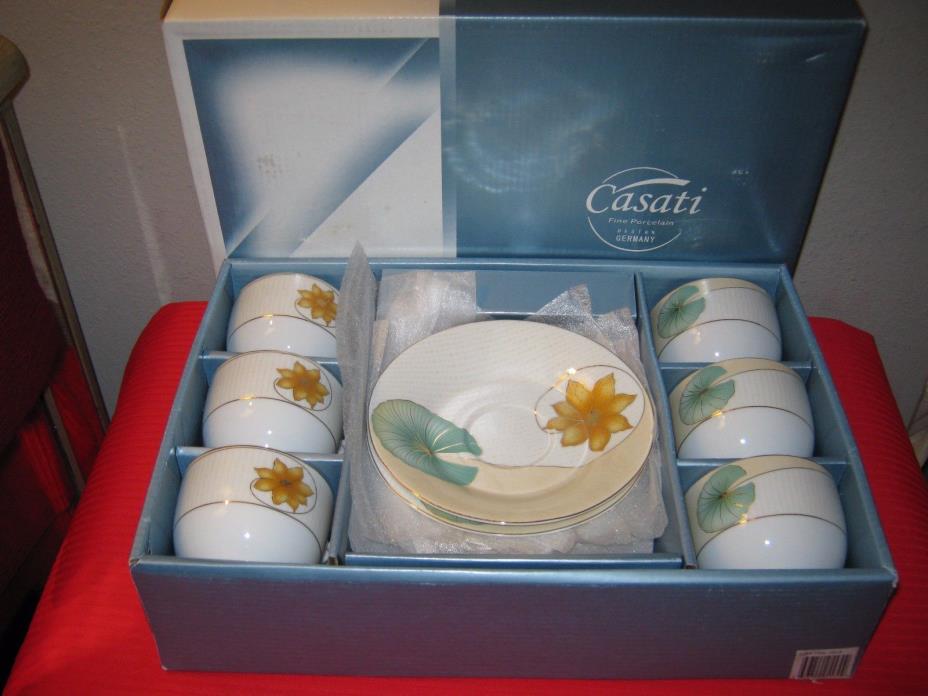 CASATI GERMANY Bavaria White Porcelain Gold Flower Green Leaf Cups Saucers (6)