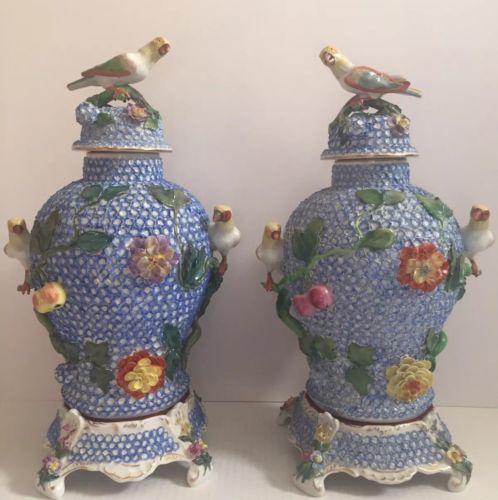 Pair Of Dresden Snowball  Lidded Urns With Flowers and Birds