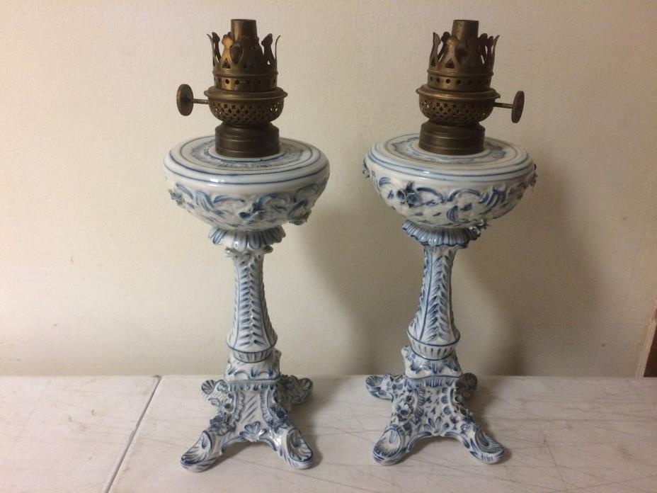 Pair of Antique Dresden Porcelain kerosene Blue & White Oil Lamps