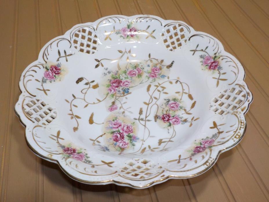 Antique Dresden German Porcelain Reticulated Bowl Dish 10 1/2” Round Footed