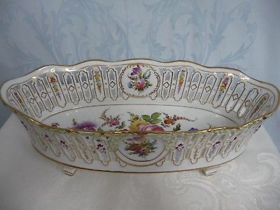 BEAUTIFUL ANTIQUE HAND PAINTED DRESDEN RETICULATED & FOOTED CENTERPIECE BOWL