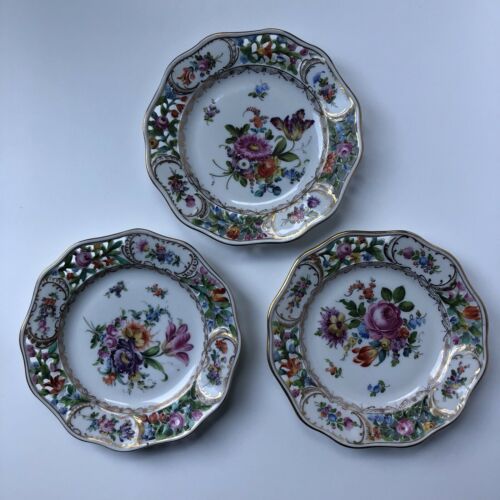 Vintage Dresden Germany Set of 3 Hand Painted Reticulated Plates 7.5