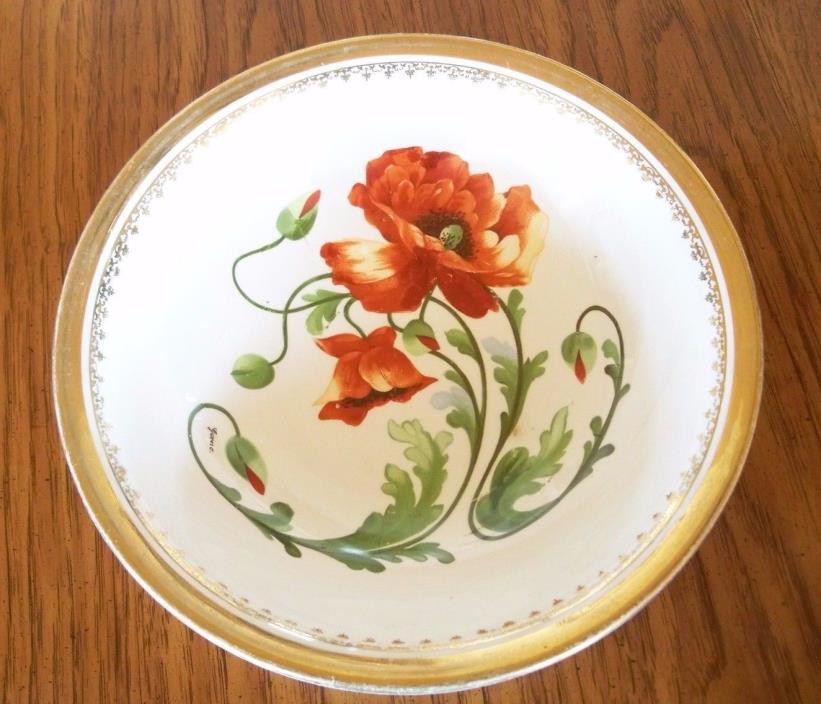 DRESDEN PORCELAIN BOWL ORANGE POPPY WITH GOLD TRIM 10.5