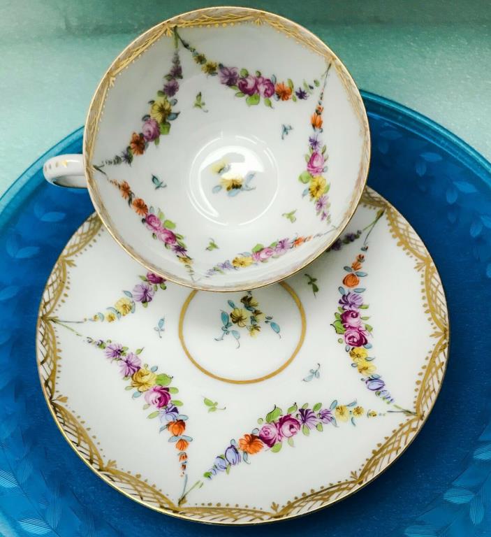 Antique Franziska Hirsch Dresden hand painted floral & gold cup & saucer