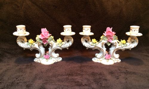 PAIR of DRESDEN - 2 Arm CANDELABRAS in CAPODIMONTE Style~Embellished with Roses