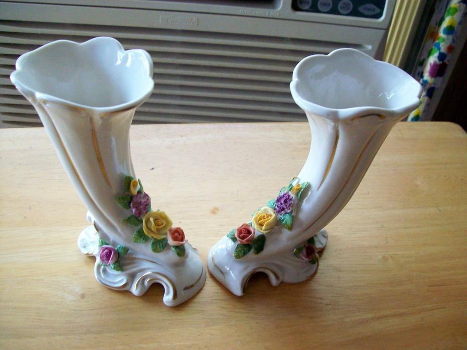 A Pair of DRESDEN Vintage Cornucopia Vases, Roses, Marked Dresden Germany