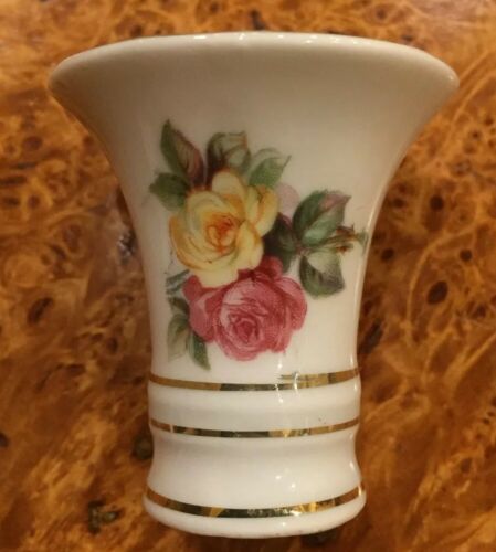 Vintage German Erphila White Miniature Dresden Floral Design Gold Trim Vase