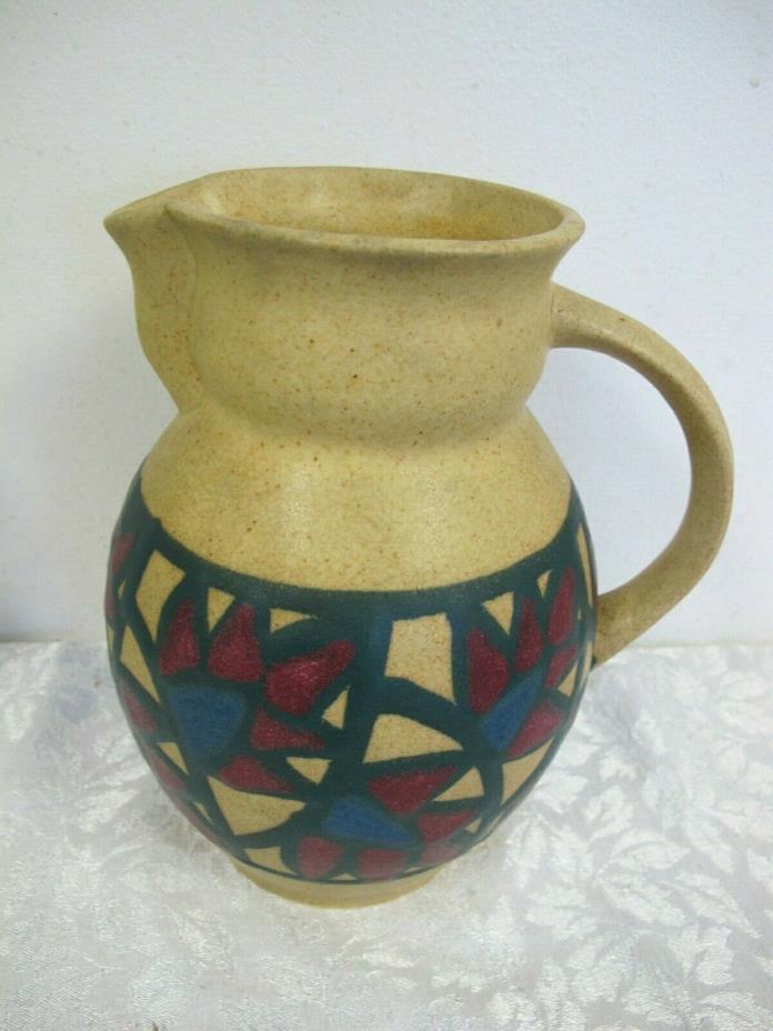 VINTAGE ERPHILA ART POTTERY PITCHER GERMANY GEOMETRIC TAN RED BLUE