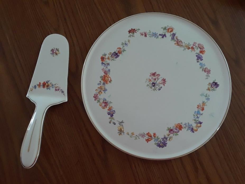 VINTAGE ERPHILA GERMANY FLORAL CAKE PLATE AND SERVER WITH GOLD TRIM