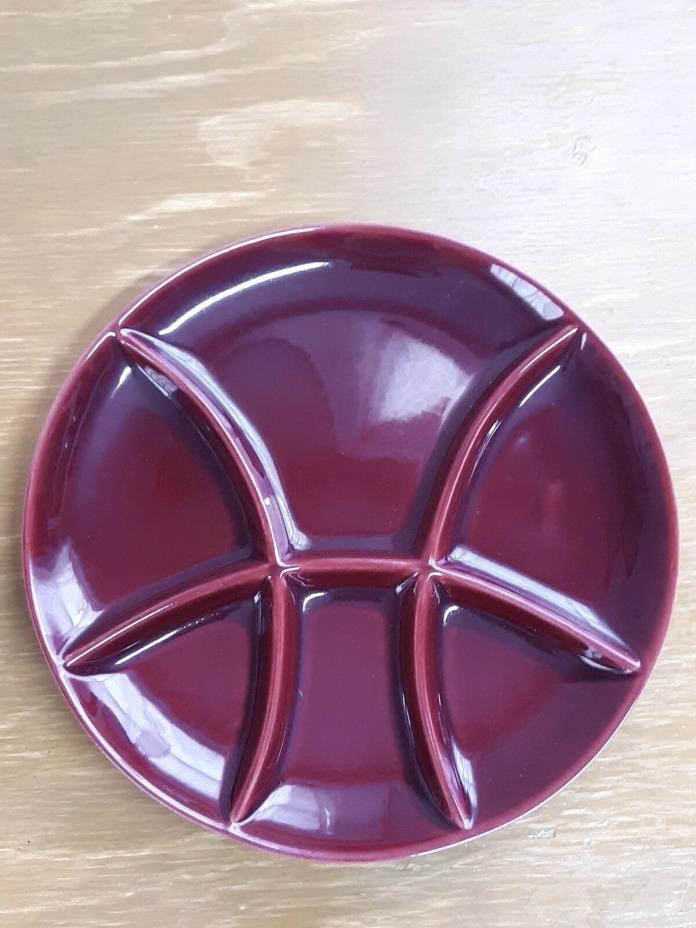 Divided Sushi Plate Pottery Burgundy Red Stoneware New Condition 9 Inch Fondue