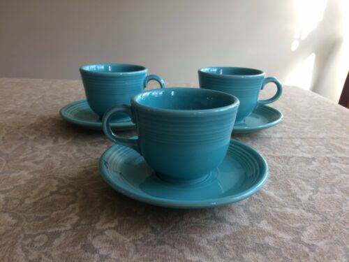 FIESTA TURQUOISE  ::  THREE (3) Cup & Saucer Sets :: Homer Laughlin