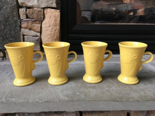 4 Fiestaware Cappuccino Mugs Yellow Tall Footed Pedestal Latte Embossed HLC USA