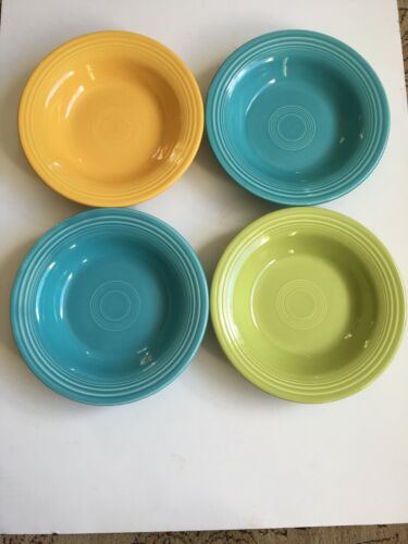 4 Vintage Fiesta ware Original Chartreuse Yellow Turquoise Rimmed Soup Bowls