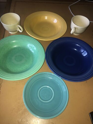 Lot of 6 Vintage Fiesta Ware Light Green, Yellow, Old ivory, Cobalt, Turquoise