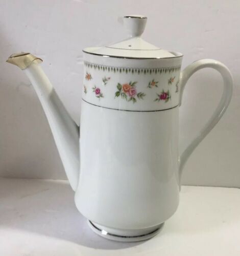 Abingdon By Japan Coffee/Tea Pot With Lid White Pink Floral Silver Trim