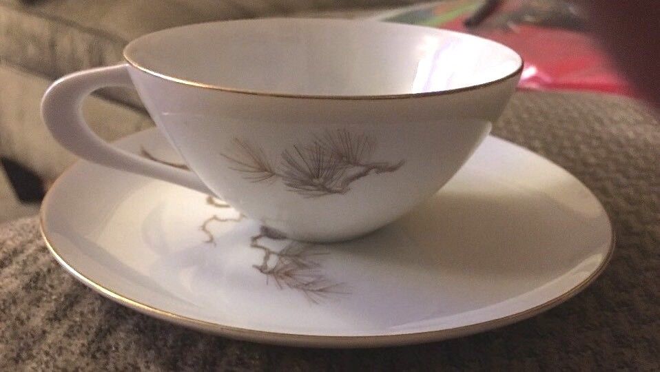 Larchmont by Sango Japan Cup and Saucer Set Pine Branch Pattern White Porcelain